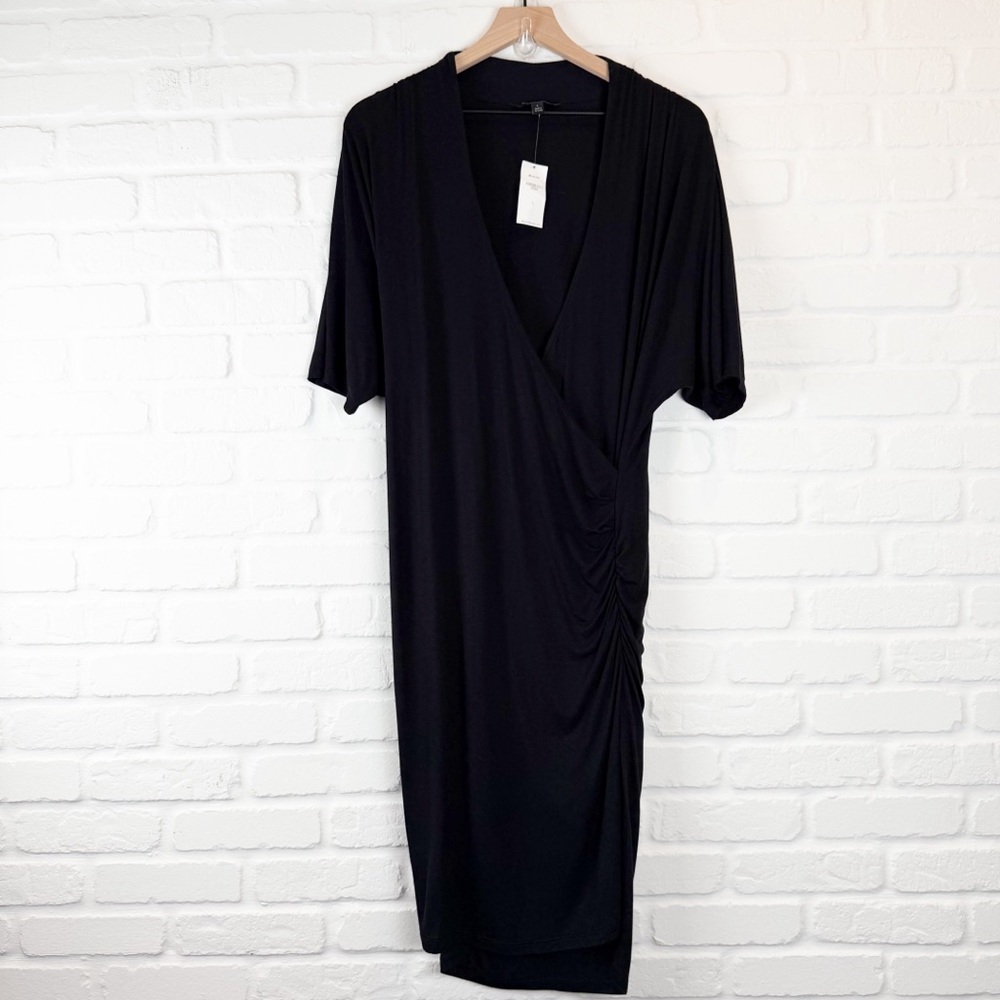 Banana Republic Black Dress Wrap front Ruched Side Short Sleeves NWT L